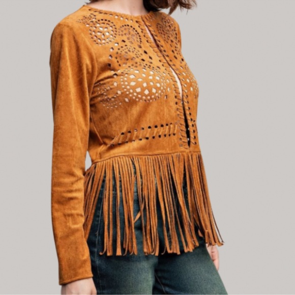 New Boutique Fabulous Faux Suede Fringe Detailed Lightweight Jacket - Picture 5 of 7
